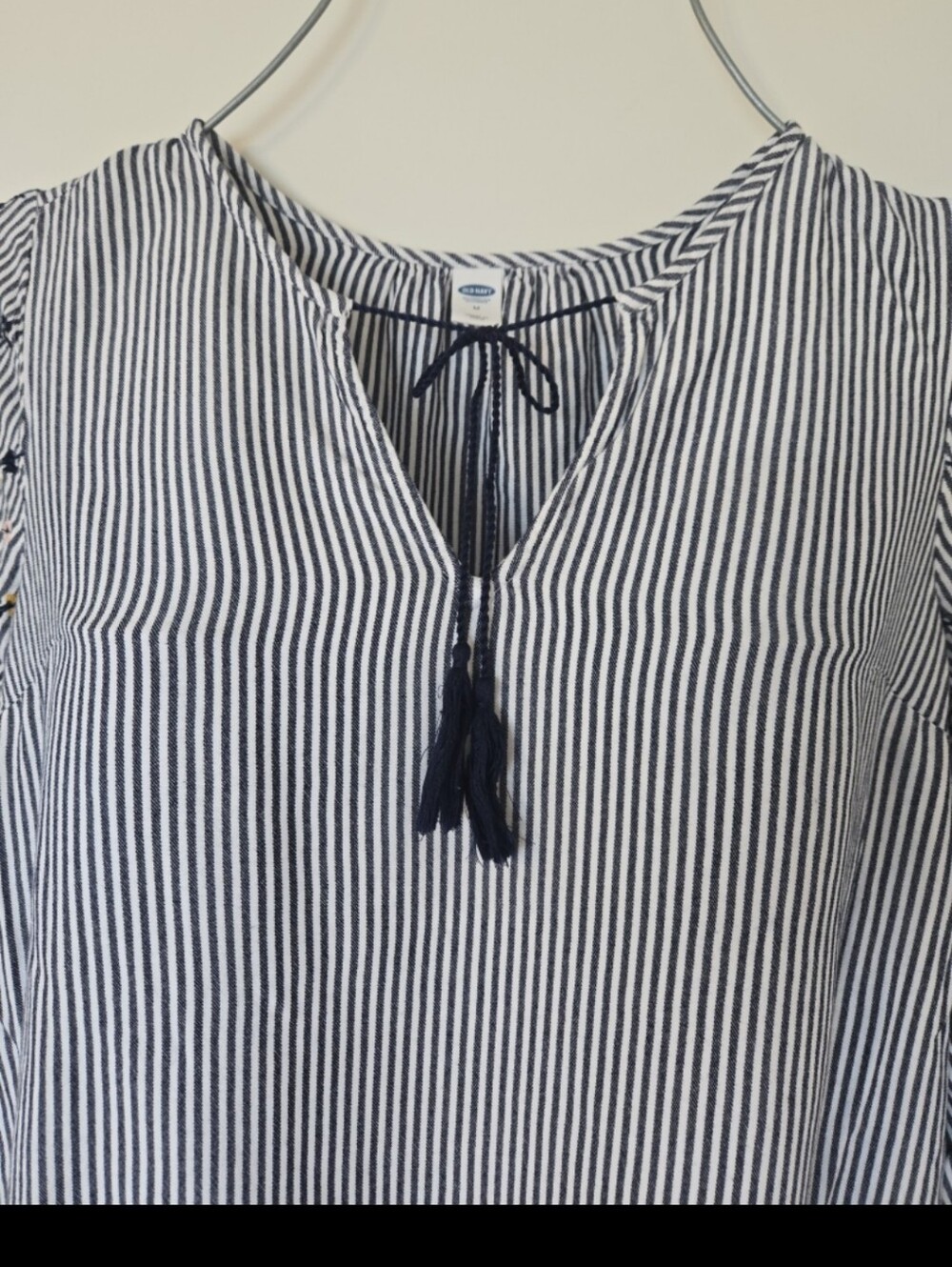 Old Navy Striped V-Neck Tassel Tunic Dress in Blue and White - Picture 3 of 11